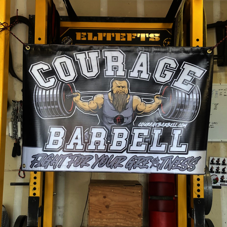 Courage Barbell FIGHT FOR YOUR GREATNESS banner
