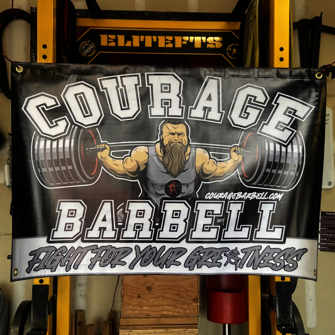 Courage Barbell FIGHT FOR YOUR GREATNESS banner