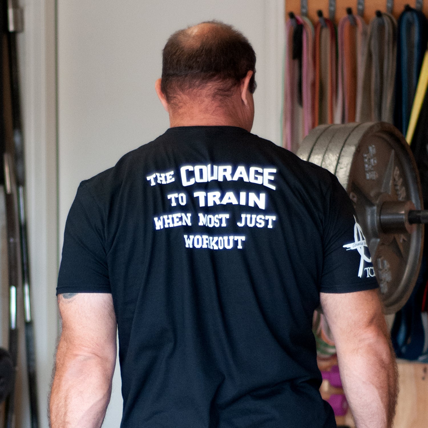Courage Barbell T-Shirt Courage Barbell logo front/Courage to Train back