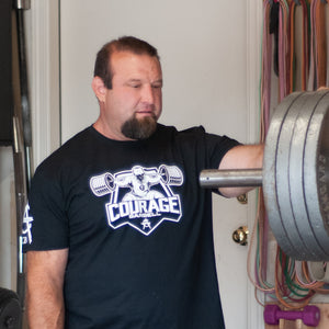 Courage Barbell T-Shirt Courage Barbell logo front/Courage to Train back